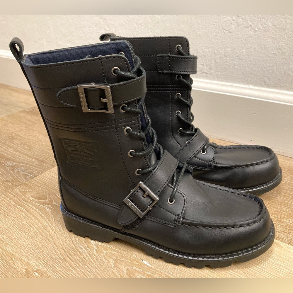 RALPH LAUREN POLO Boots RADBOURNE Combat Lace Up Biker Buckle Straps Logo Size 5